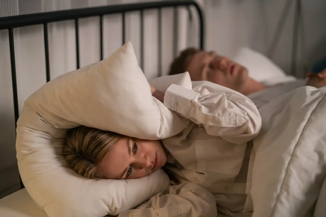 Éjszakai horkolás – férfi és feleség párnával